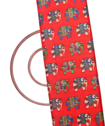 red kalamkari print manipuri silk fabric